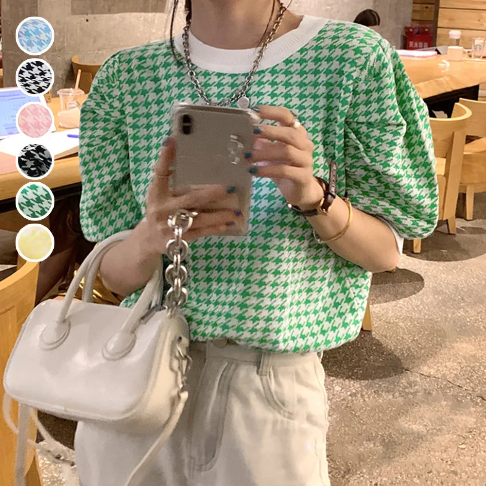 千鳥格子柄パフスリーブニットトップス｜レトロ夏服レディース半袖プルオーバー