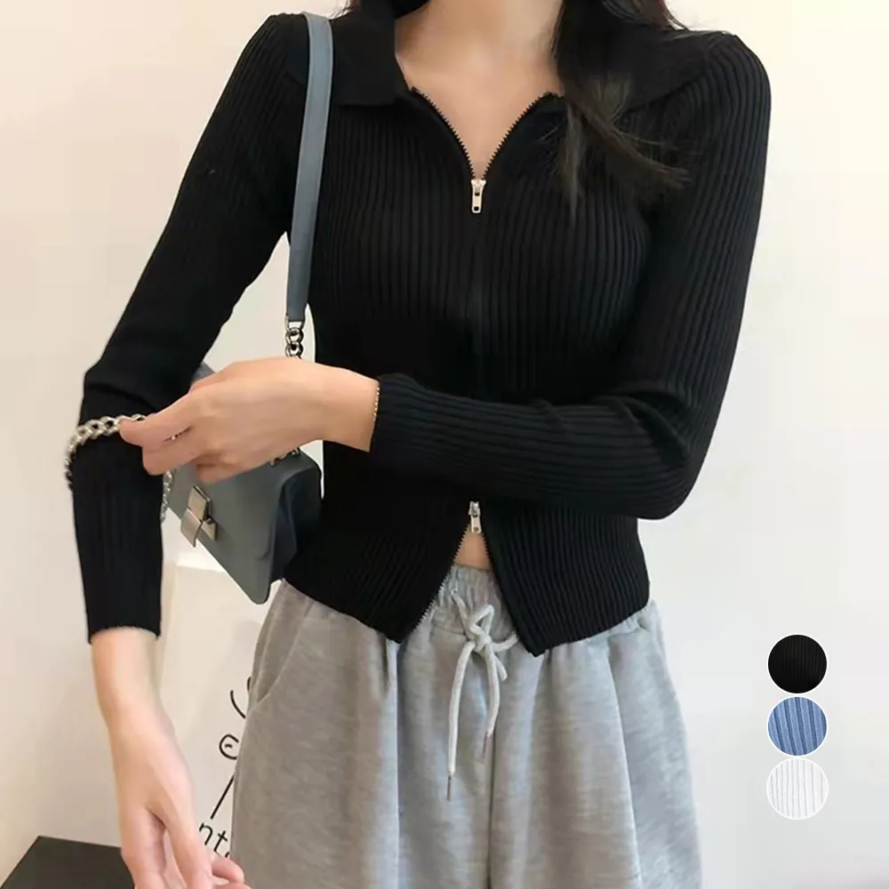 リブニットトップス レディースジップアップ フロントZIP ショート丈 Vネック 長袖ニットアウター 伸縮性あり オルチャンスタイル 黒/白/青