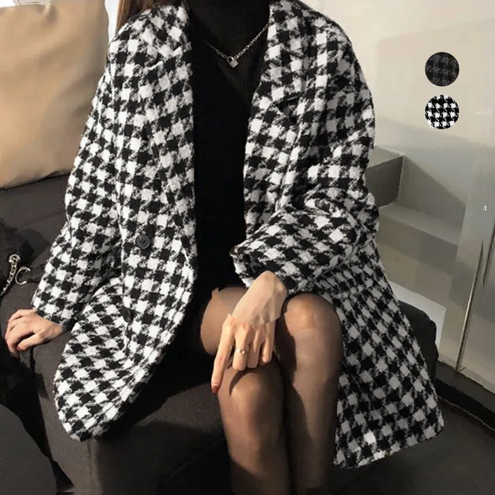 千鳥格子柄ジャケット中綿コート秋冬レディース おしゃれ九分袖防寒体型カバー韓国ファッションチェスターコート細身