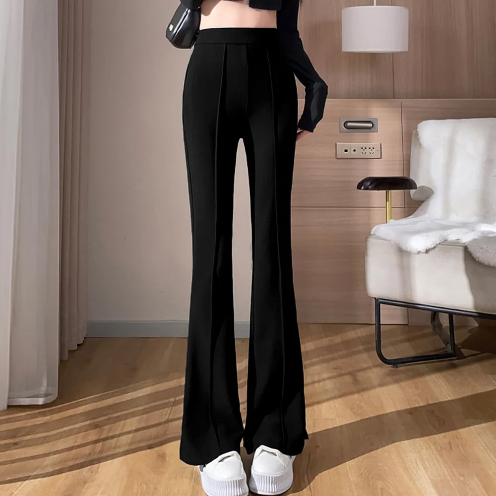 ハイウエストセミフレアパンツ センタープレスで美脚見せ！韓国風ストレッチ黒ボトムス 春夏秋対応 S/M/L/XL（サイズUP推奨）