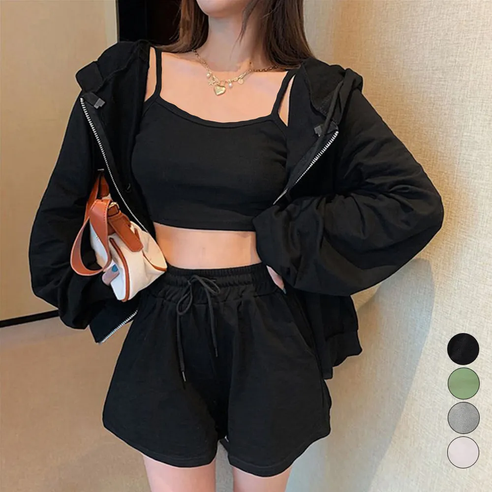 3点セット ルームウェア レディース 韓国風 可愛い ジップアップパーカー キャミソール ショートパンツ 春夏用