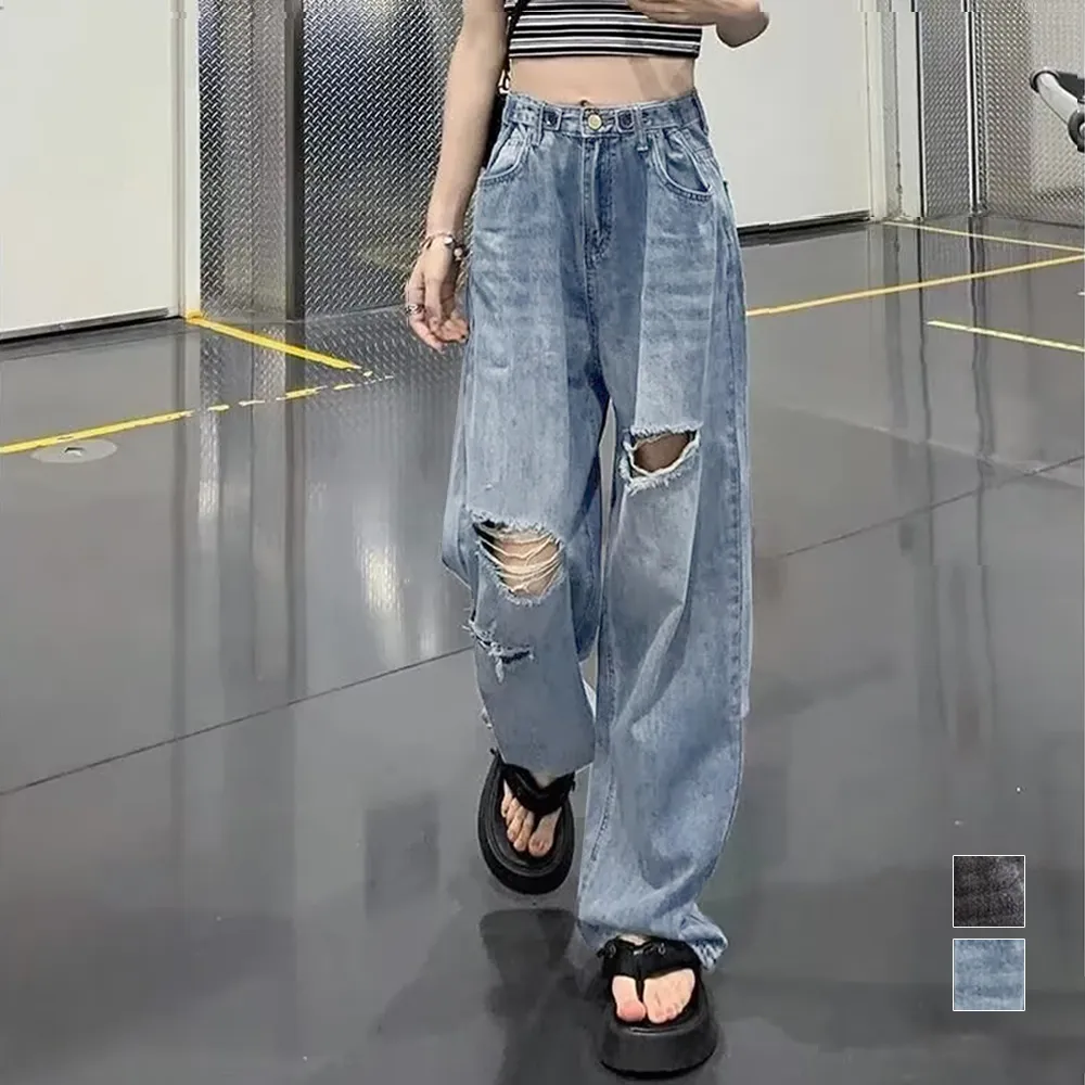 ダメージジーンズ レディースデニムパンツ 韓国風ハイウエスト ストレートシルエット 体型カバー 着やせ ウォッシュ加工 セミワイド