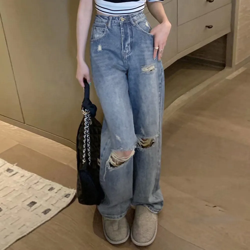ダメージ加工ハイウエストデニムレディース｜ストレート美脚パンツで大人カジュアルコーデ