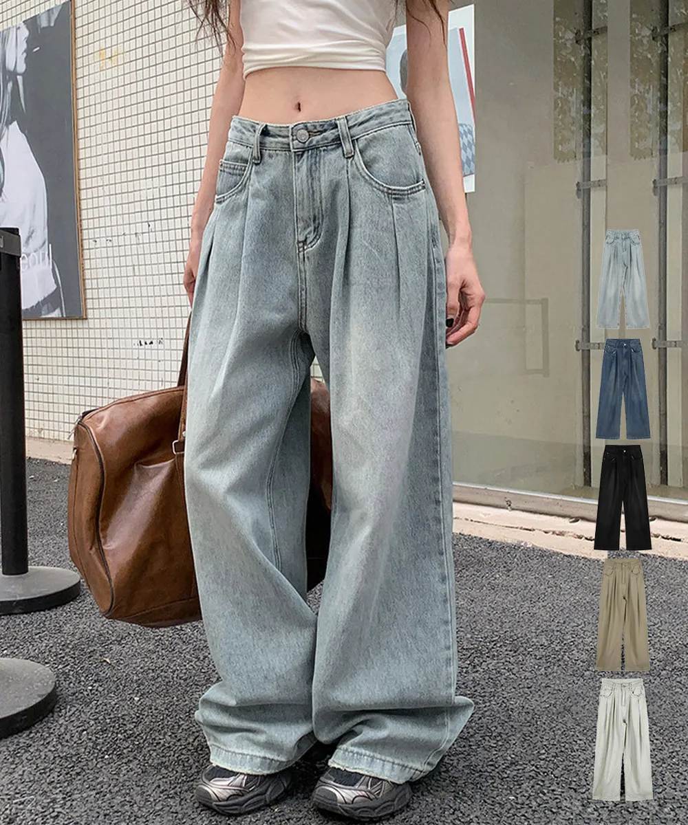 タックワイドデニムパンツレディース 韓国風美脚デザイン｜着やせ効果 スーパーワイド ロングパンツ カジュアルジーンズ [サックス/インディゴ/ブラック/ダークベージュ/オフホワイト] S/M/L