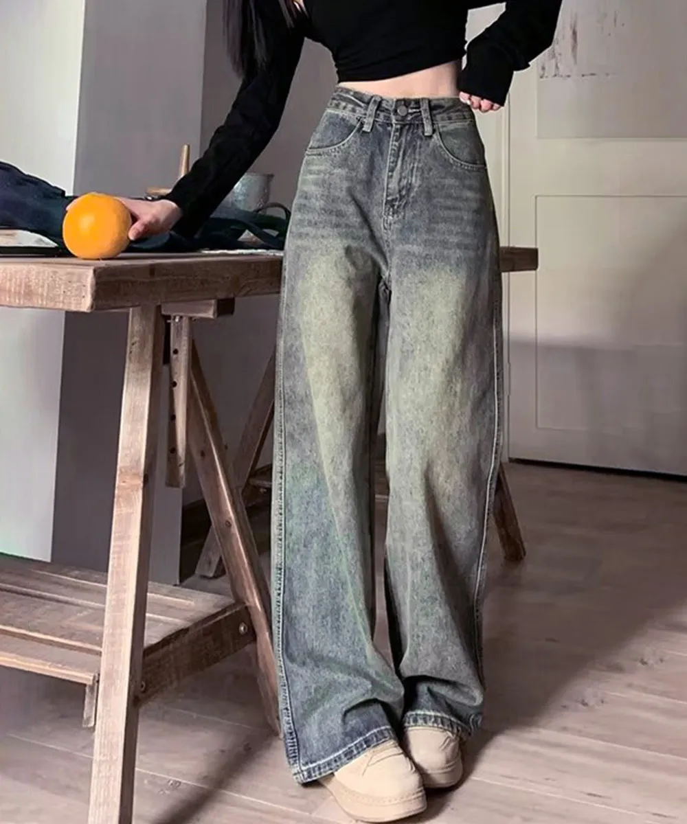ヴィンテージデニムパンツ 韓国風ハイウエスト 着やせ美脚セミワイド | 定番ウォッシュジーンズ