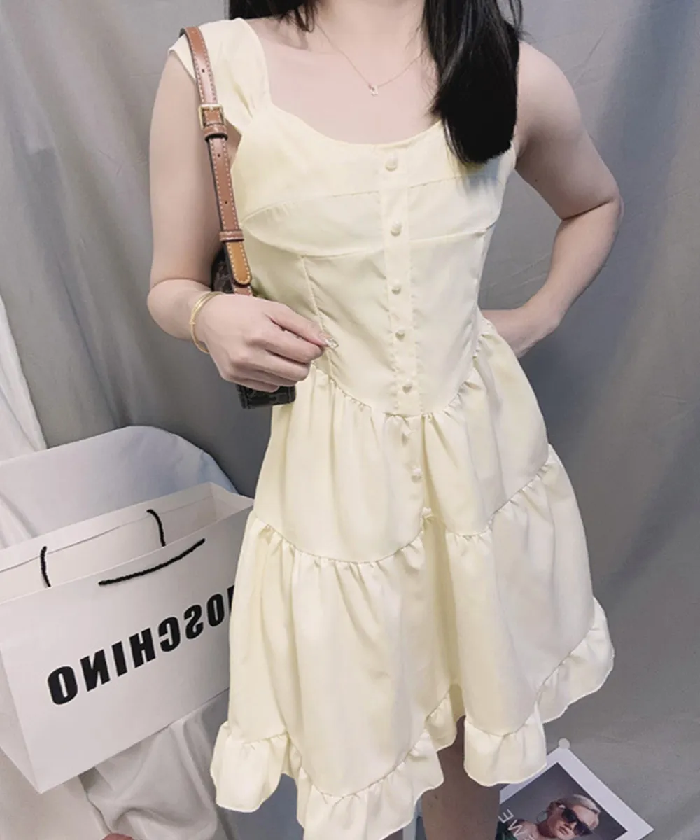 韓国風ティアードミニワンピースノースリーブ｜大人可愛いAラインフレア夏服着やせデザイン