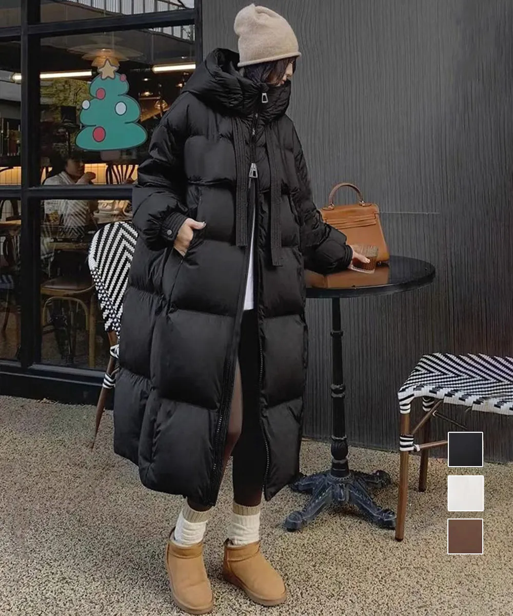 【レディース】フード付きフェイクダウンコート 暖かいキルティングロングコート 防風防寒 スタンドカラー 中綿入り エコダウン使用