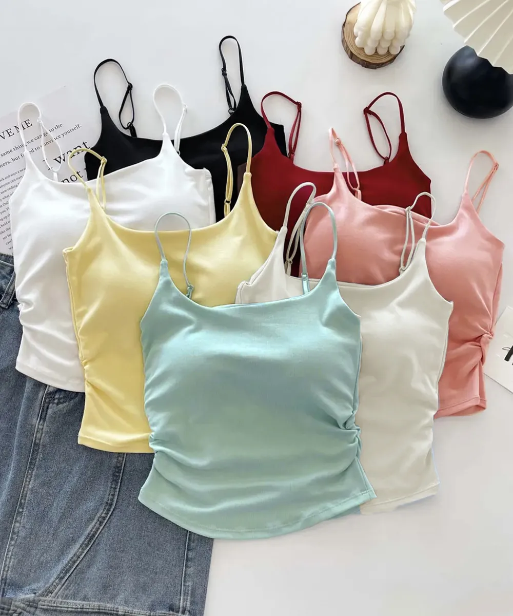 ノンワイヤー サイドシャーリング カップ付きキャミソール スリムフィット ストレッチ 無地レイヤードコーデ 夏服 柔らかい下着 レディース