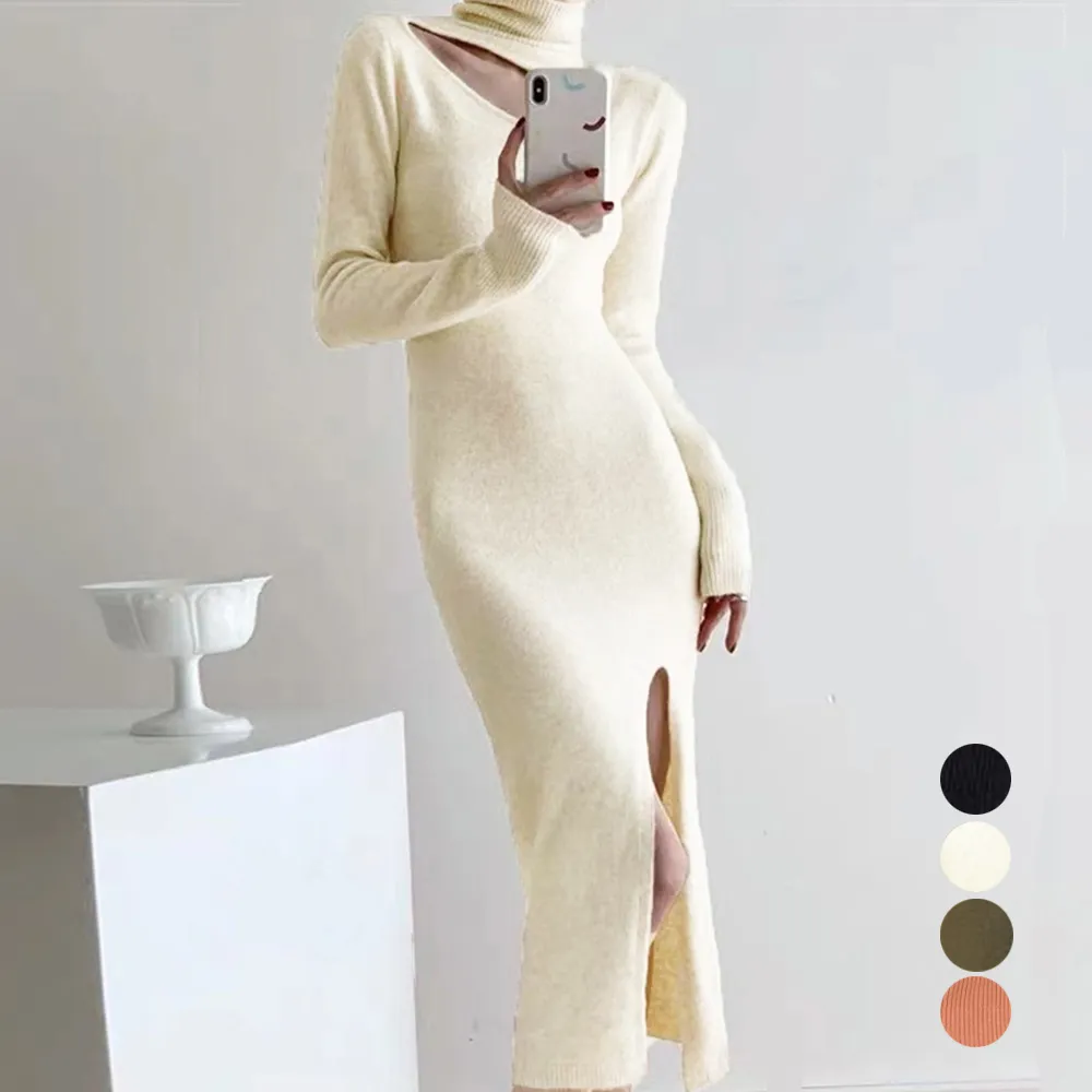 【韓国デザイン】セクシーボディコンニットワンピース ロングタートルネック 秋冬レディース アシメカット サイドスリット 長袖