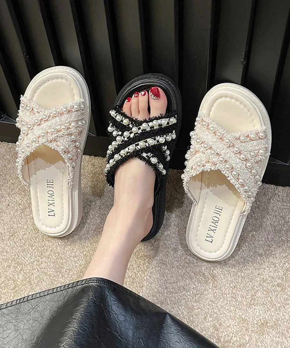 厚底パールクロスサンダル レディース韓国風おしゃれ美脚楽ちんフラットシューズ