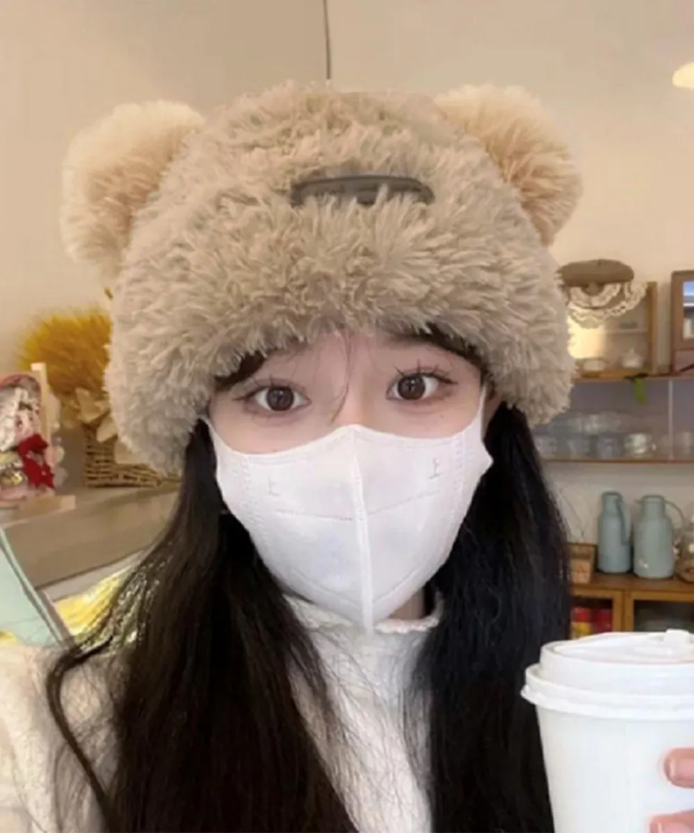 くま耳ボアハット 韓国風おしゃれな暖かい帽子 小顔効果で秋冬防寒にもおすすめ