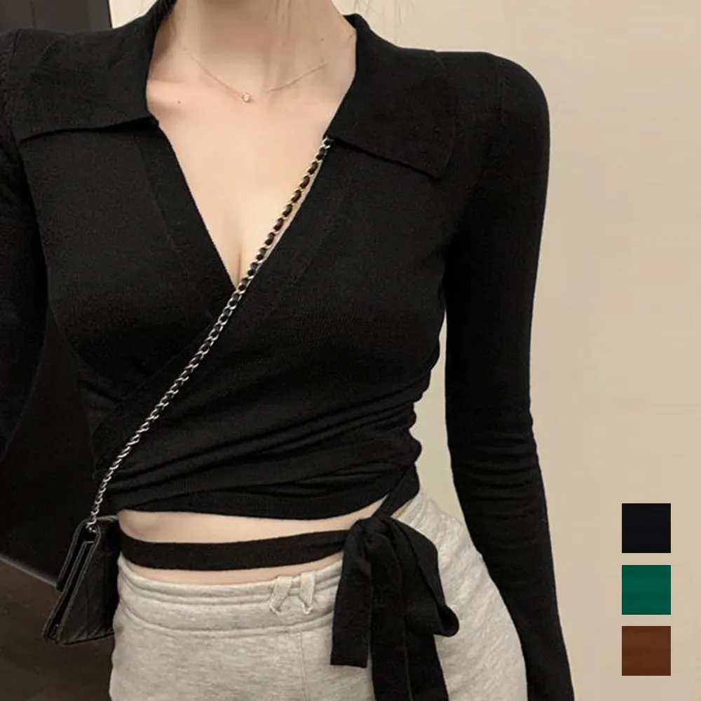 【韓国風】カシュクールニットトップス - Vネック&ショート丈で着やせ効果 ハイウエストデザイン | 大人きれいめファッション
