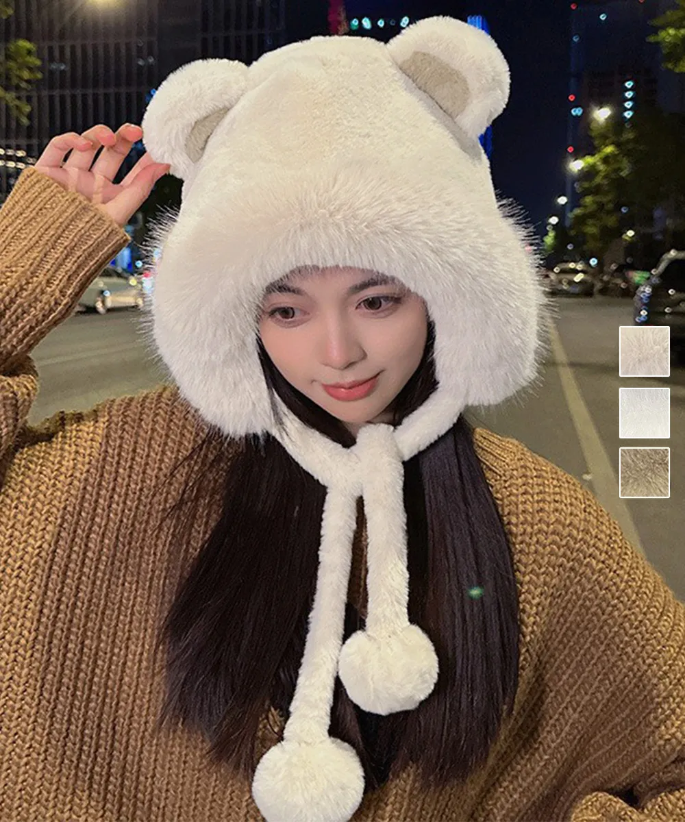 レディースファー帽子 クマ耳デザイン 暖かい防寒帽 アイボリー/ホワイト/ベージュ ワンサイズ 小顔効果もふもふポンポン付き