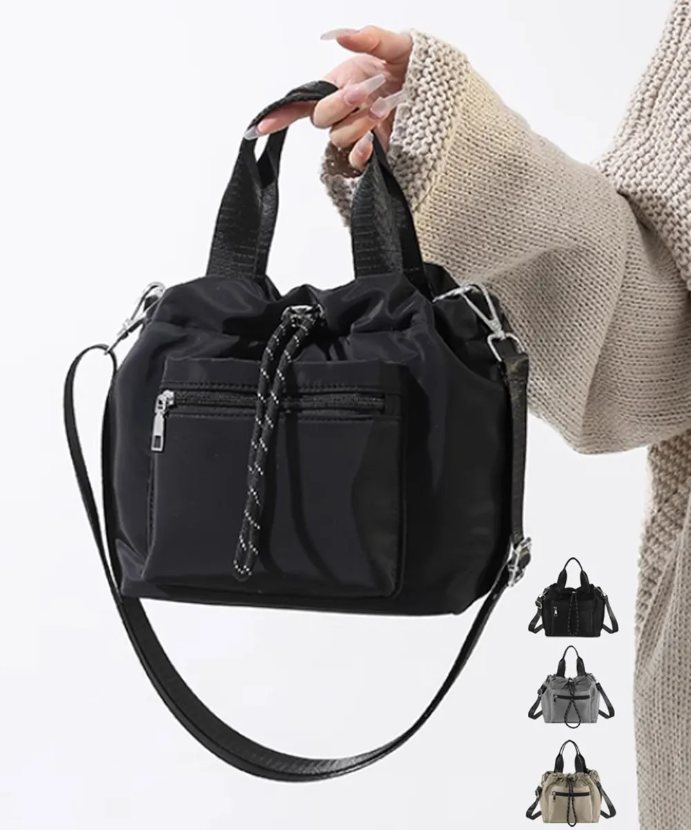 おしゃれ 軽量 コンパクト 巾着ショルダーバッグ レディース 小さめ ナイロン 3WAY 斜めがけ 肩掛け ブラック ダークグレー ベージュ