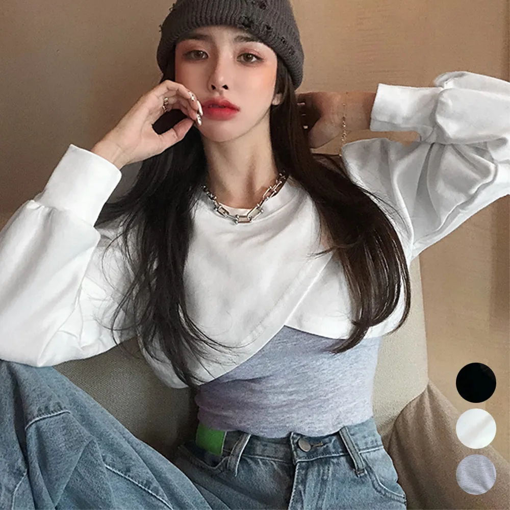 韓国風お洒落2点セット！ショート丈ボリューム袖Tシャツ&タンクトップ 春秋向けレディースカジュアルウェア