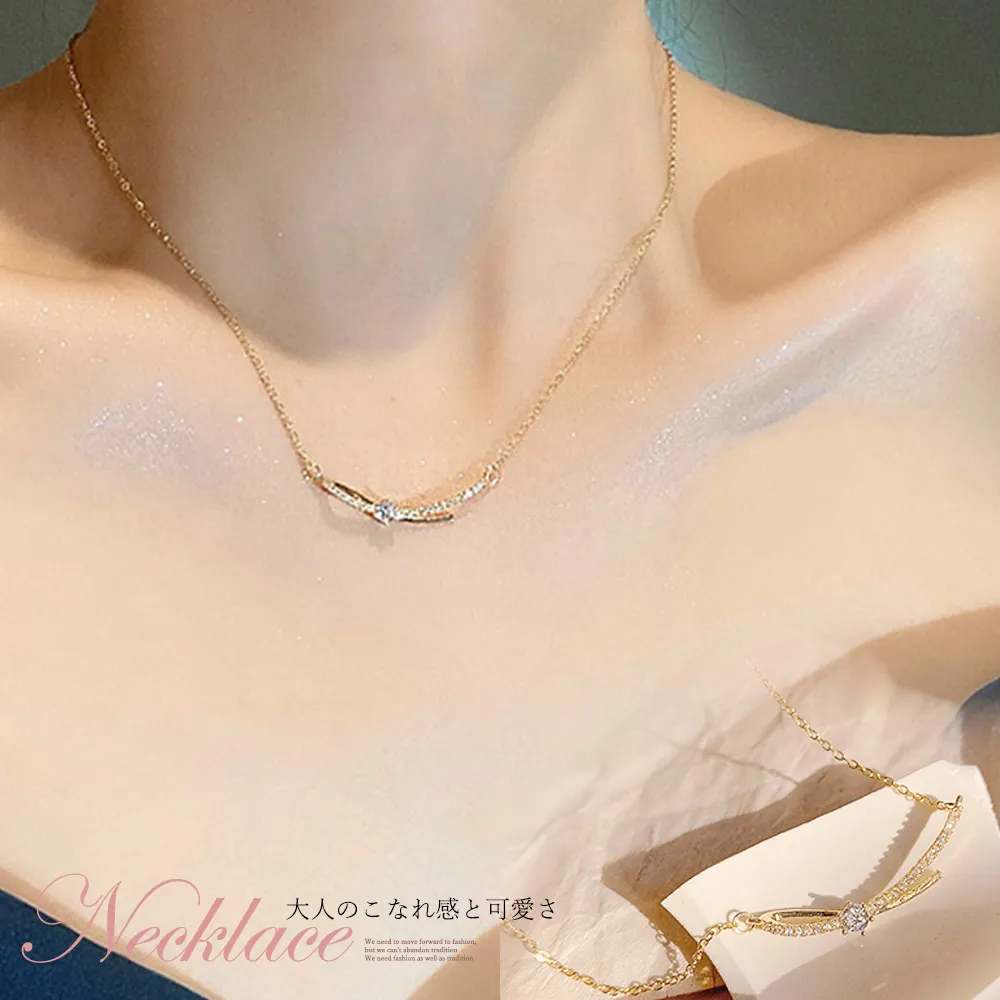 レディースゴールドネックレス リボン結びデザイン 細めラインストーン付き 上品きらきらアクセサリー 結婚式パーティプレゼント