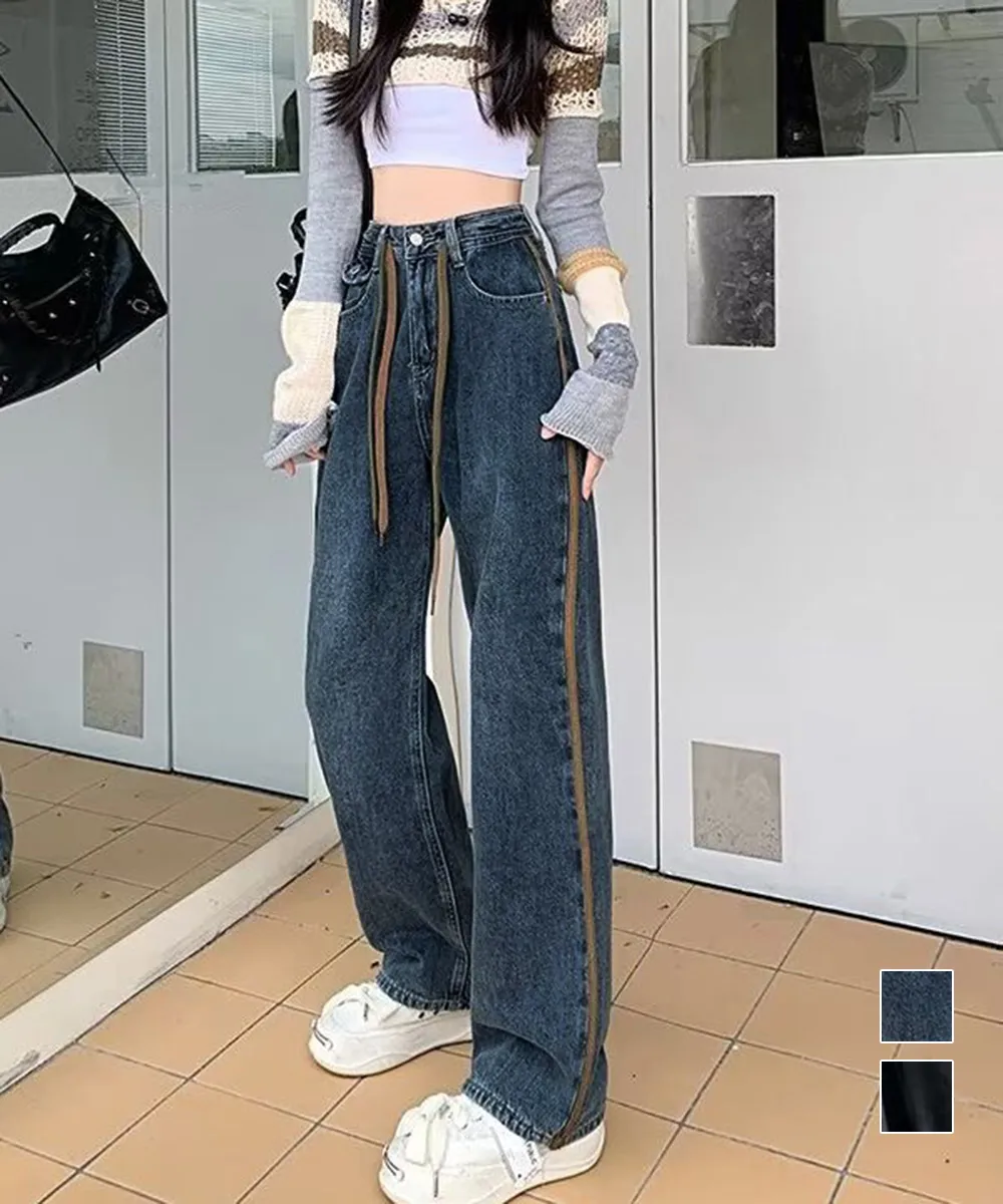 【ハイウエスト美脚】デニムセミワイドパンツ ストレートロングパンツ 韓国風カジュアル ダークブルー/チャコールグレー オールシーズン対応
