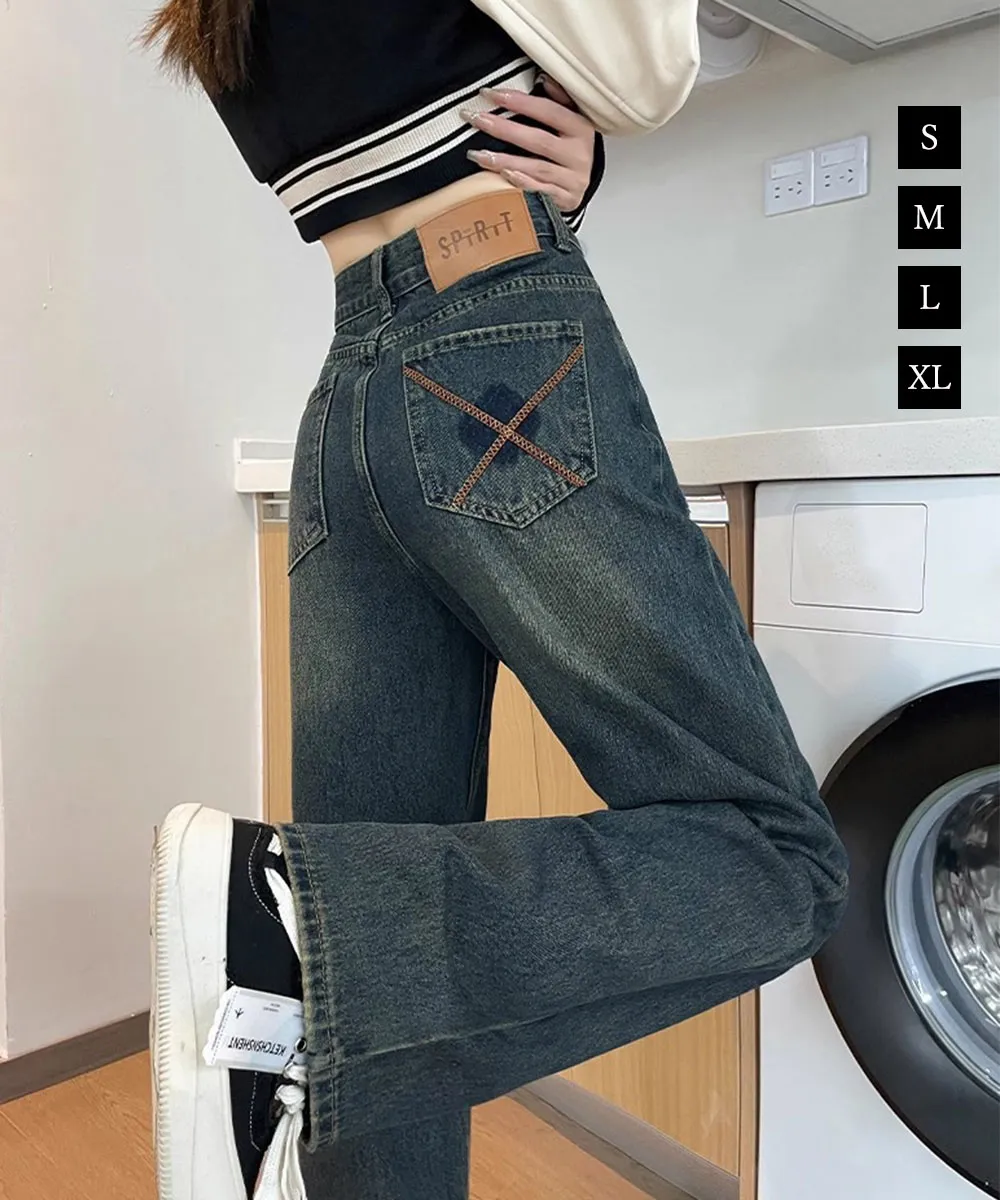 ヴィンテージデニムパンツ レディース ハイウエスト ウォッシュ加工 美脚セミワイド シンプル着回し ズボン | インディゴブルー S/M/L/XL