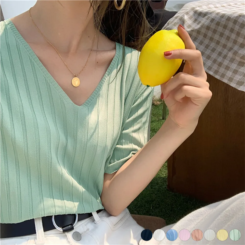 リブニットトップス レディース 夏用Vネックニットソー | 着やせ効果&8色展開
