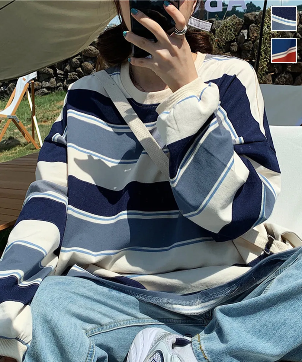 レディースボーダー柄スウェット配色トレーナー ゆったり体型カバー 大人カジュアル春秋向け ネイビー/レッド