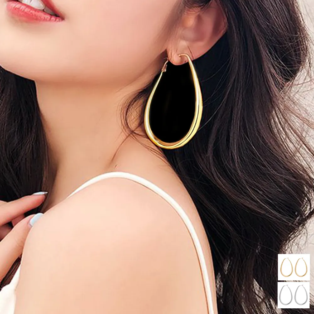 韓国風水滴形ピアス｜シンプルで存在感のあるレディースアクセサリー プチプラのおしゃれ耳飾り【6.5cm大】ゴールド/シルバー