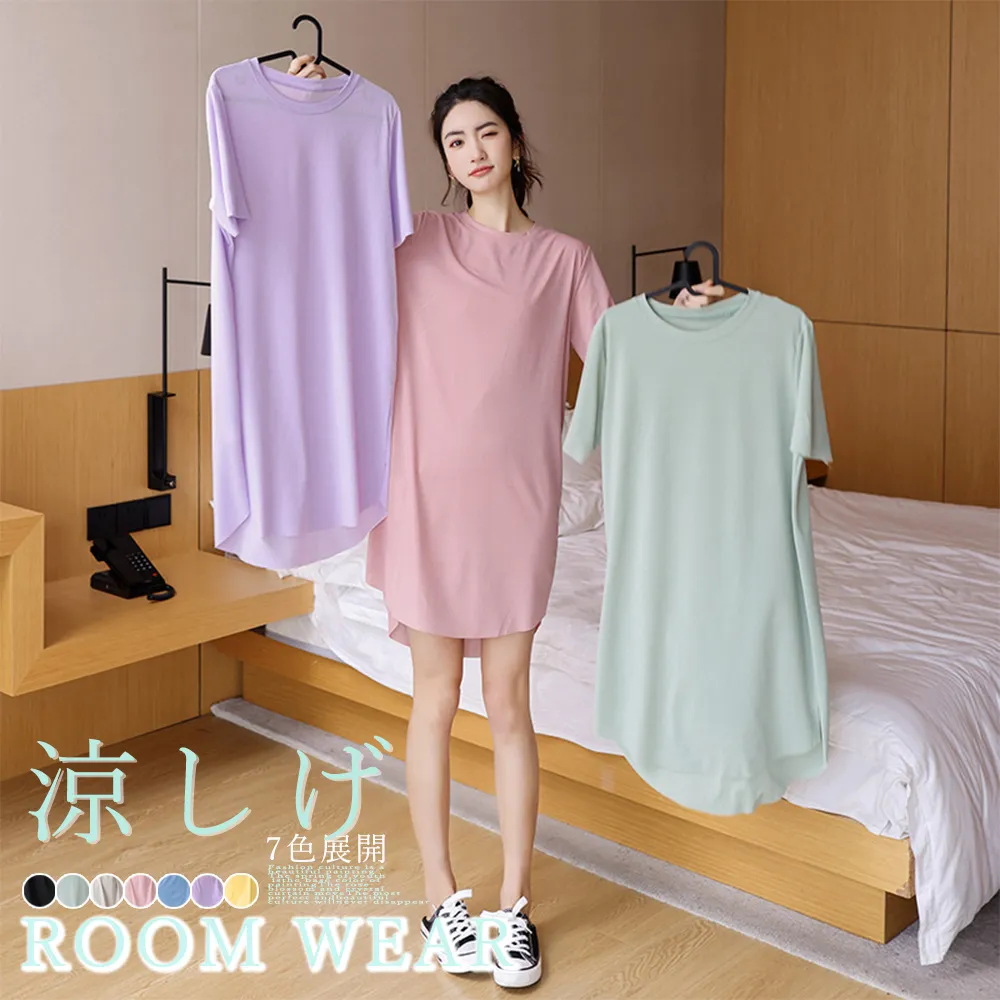 涼しげ細リブTシャツワンピース｜薄手半袖ルームウェア・パジャマ レディース体型カバー [XXL]