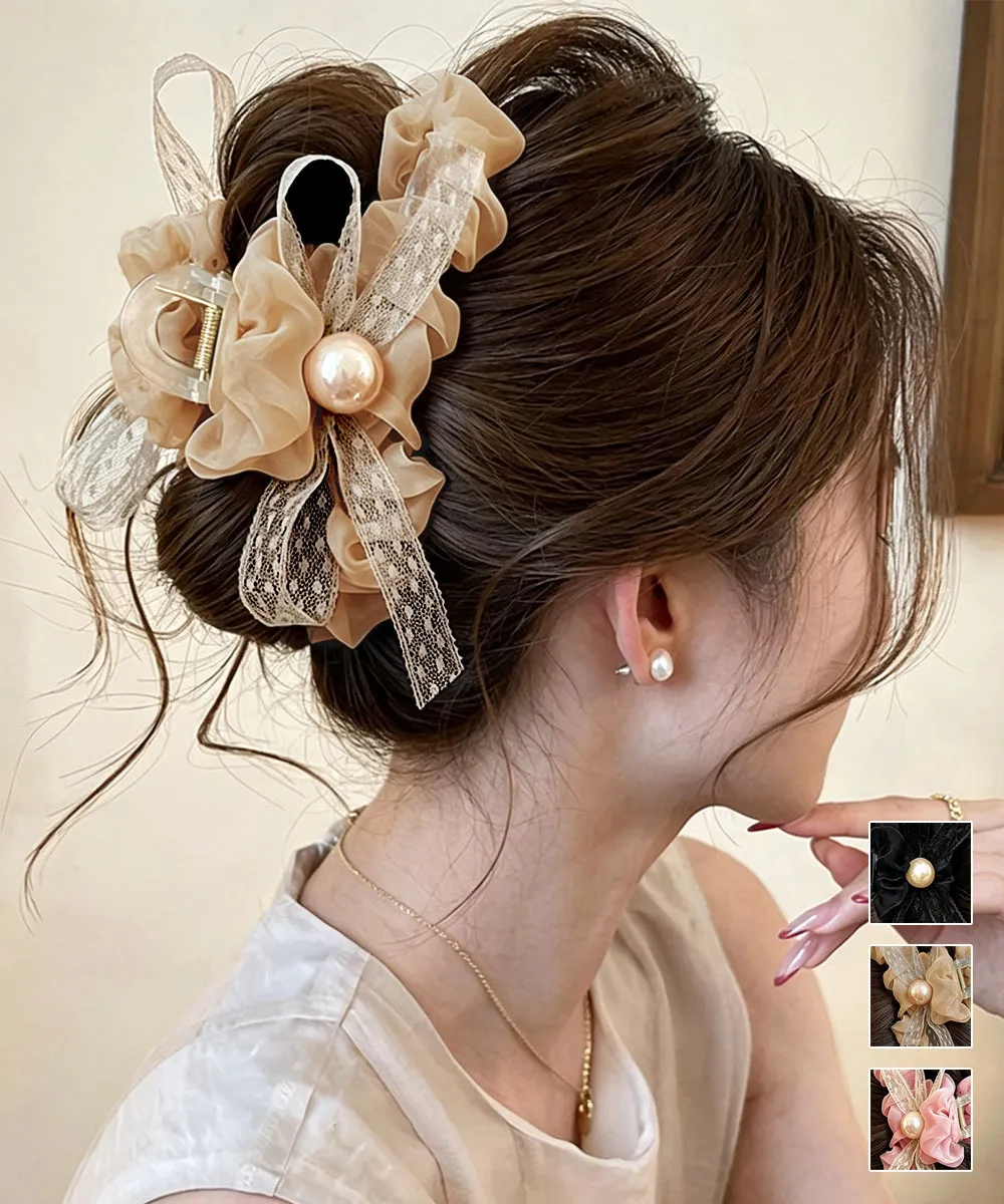 パールリボンヘアクリップ 上品まとめ髪