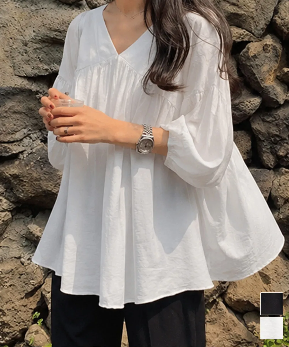 Vネックシャツブラウス 七分袖 ゆったり