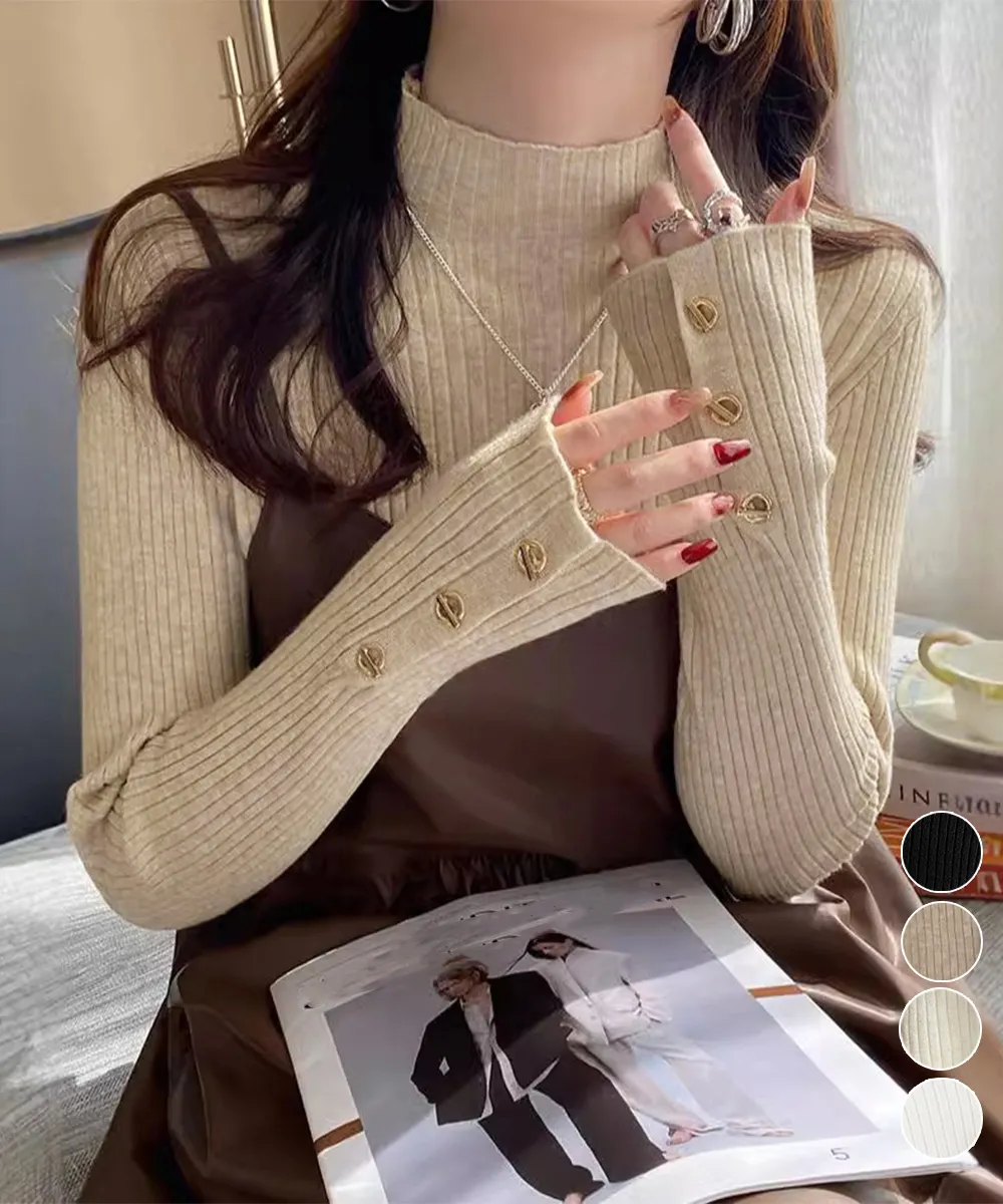 韓国風大人きれいめモックネックニットトップス秋冬長袖シンプル着やせオフィスカジュアル