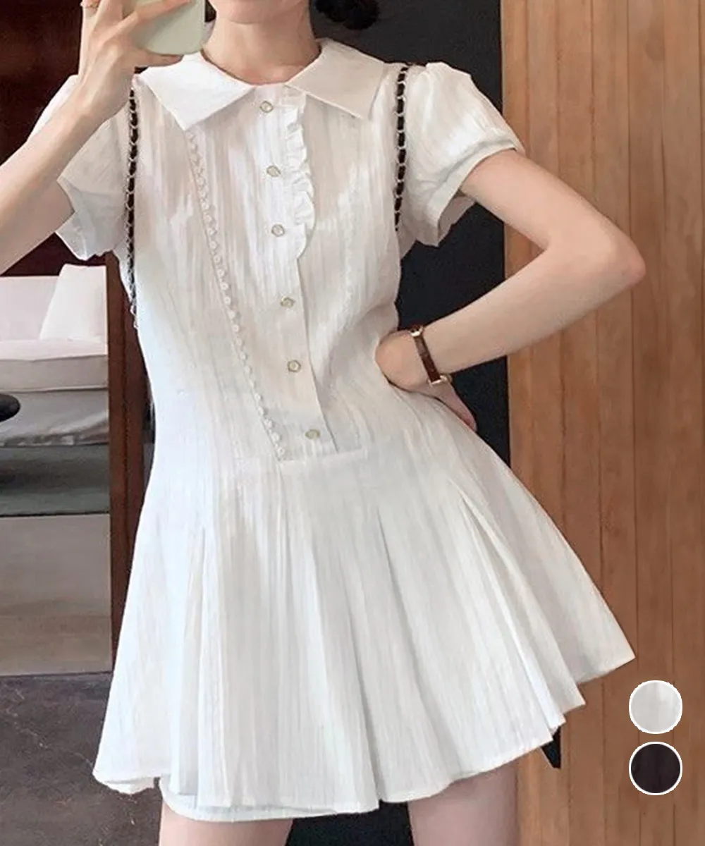 プリーツミニワンピース セットアップ春夏｜韓国ファッション ロマンチックガーリー2点セット デート・休日コーデに最適