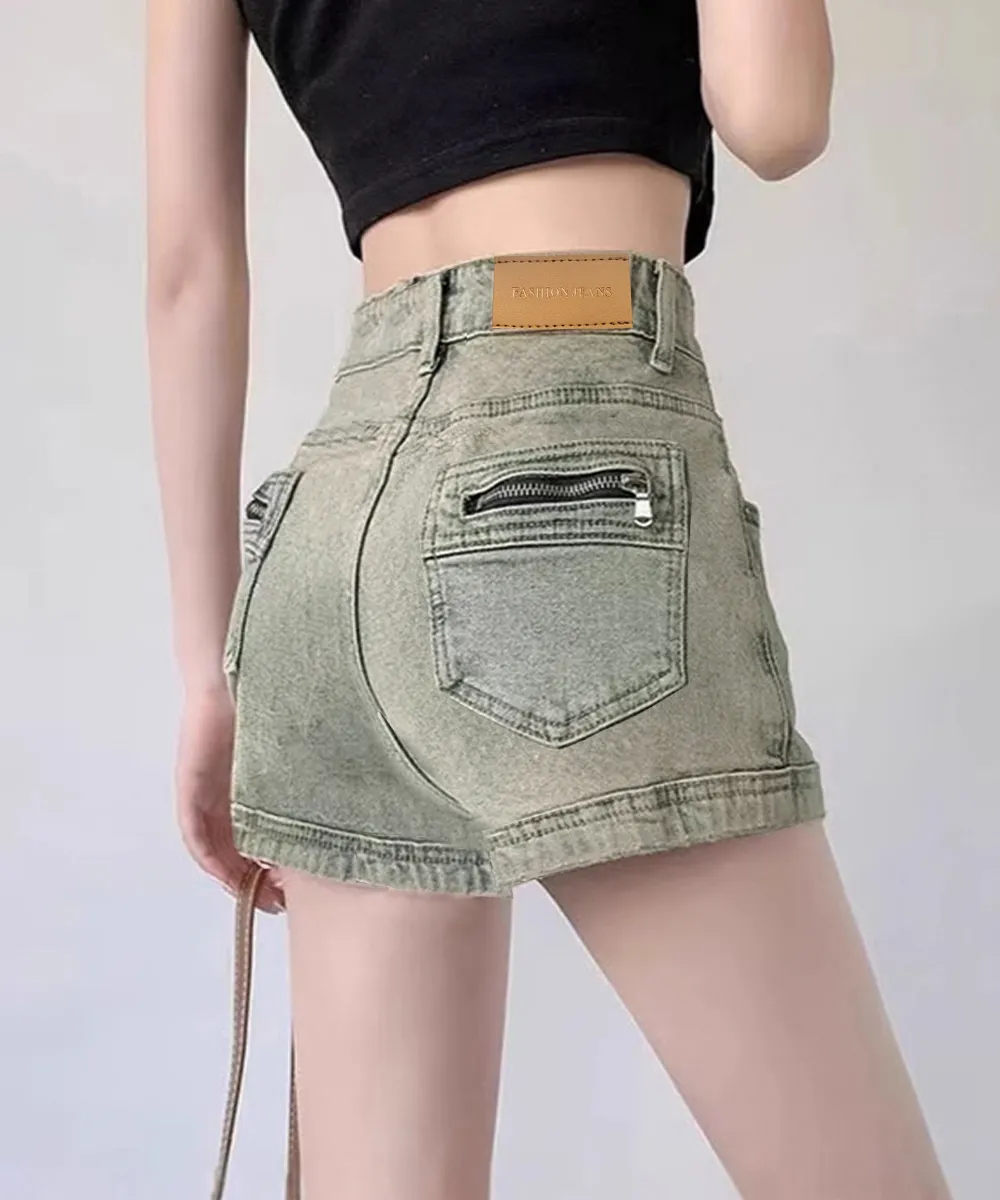 ヴィンテージ風ハイウエストデニムショートパンツ レディース 美脚・細見え効果 オルチャンコーデ S/M/L/XL