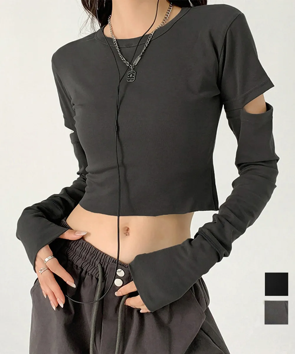 韓国風長袖Tシャツ 袖カットアウトで着やせ効果 ヘソ出しデザインでスタイルアップ | レディースおしゃれトップス