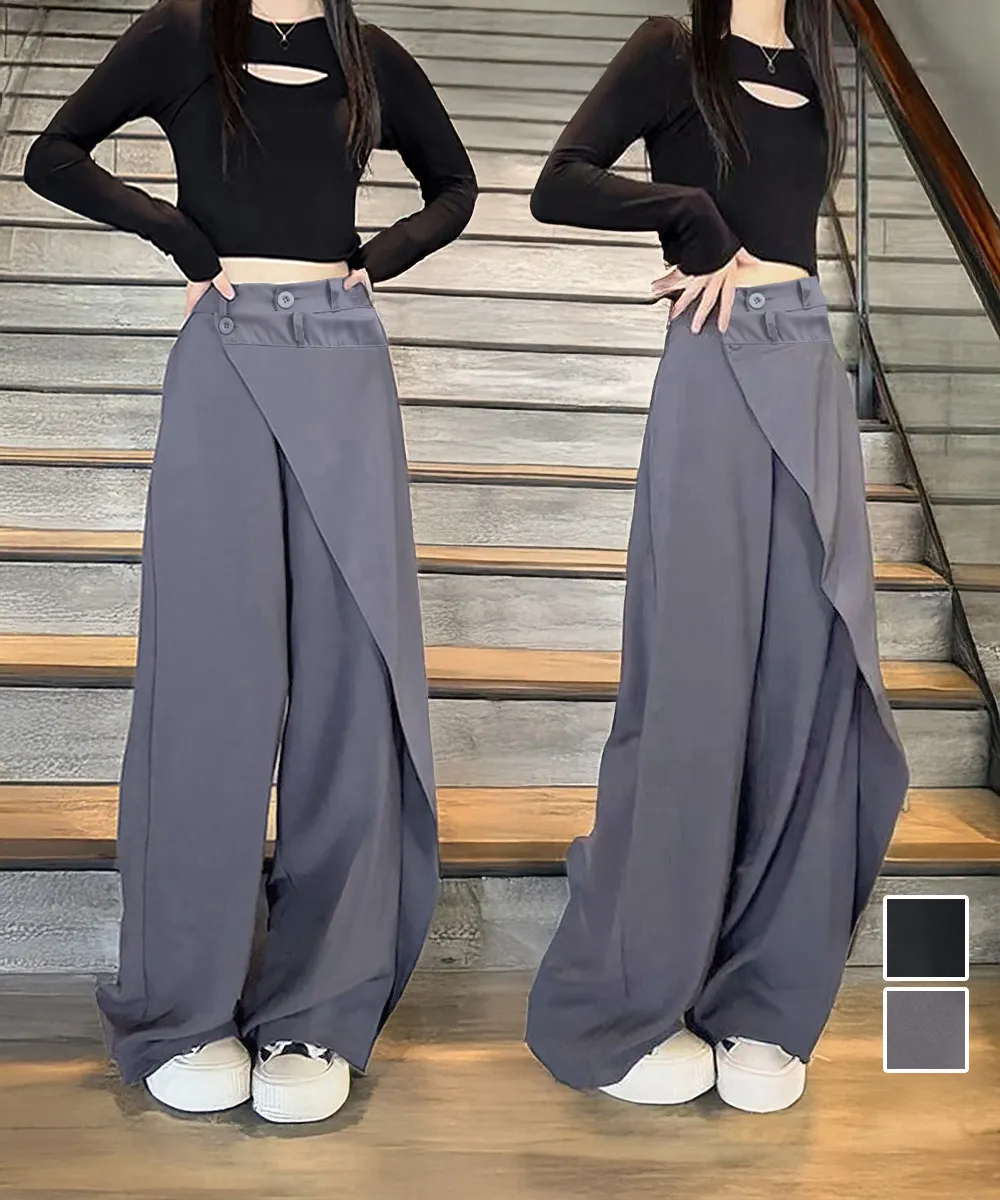 ウエストラップデザインのハイウエストワイドパンツ | 美脚・体型カバーレディースボトムス