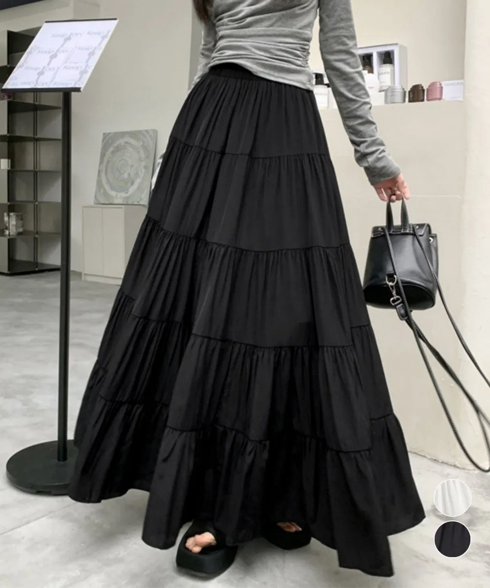 大人体型カバー ハイウエストティアードロングスカート Aラインシルエット 着やせ効果 春夏秋 オフィスカジュアル ボリュームボトムス ブラック/ホワイト