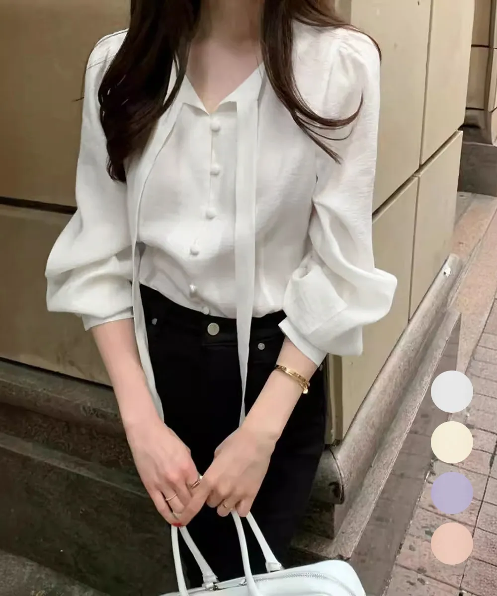韓国風長袖リボン付きブラゥトップ｜オフィスクール対応上品清楚デザイン・スーツインナーにも最適
