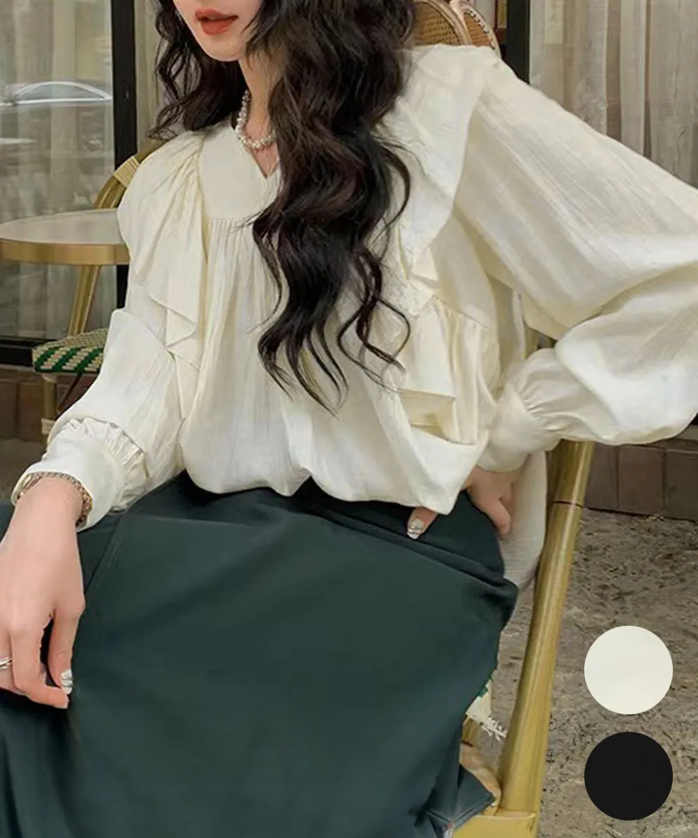 大人可愛いラッフルブラウス韓国風レディース長袖 ボリューム袖/フォーマル/オフィスカジュアル/入園式服装