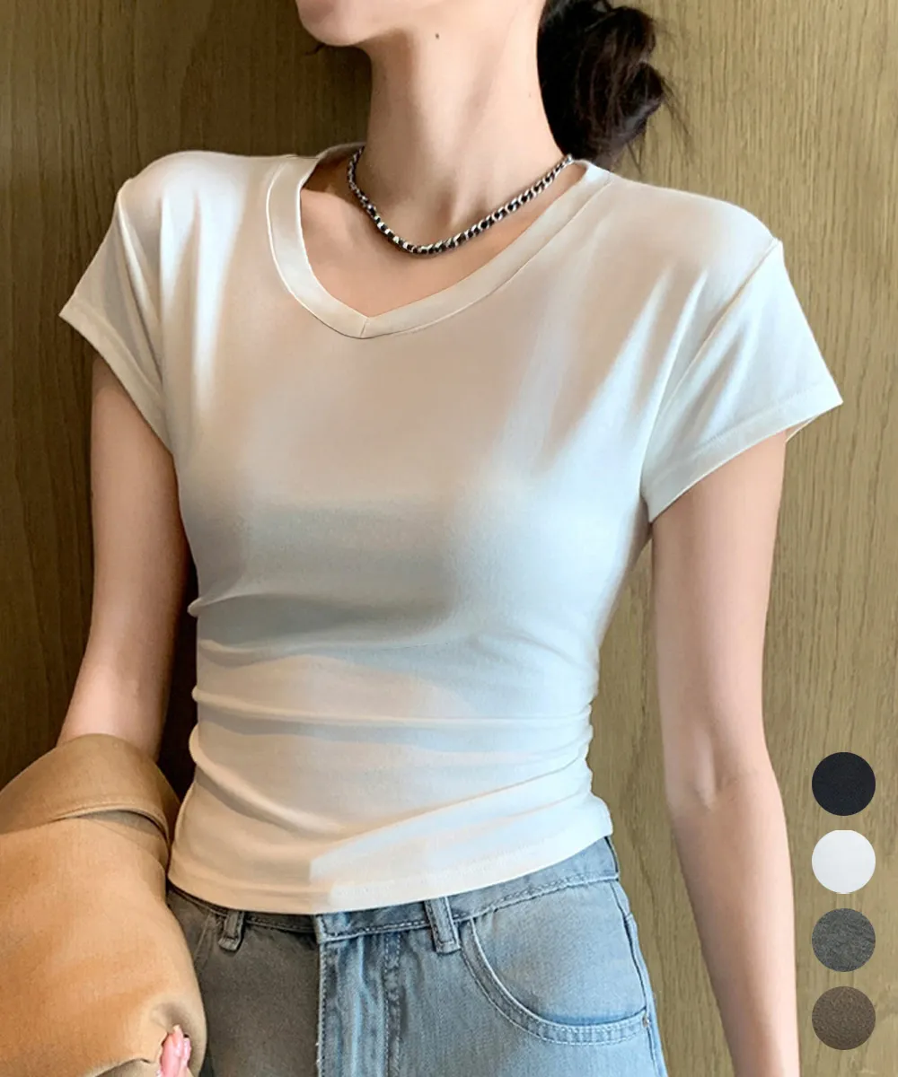 サイドギャザーで女性らしいシルエット｜韓国風Vネック半袖Tシャツ レディース ナチュラル カジュアル 1枚で着映え