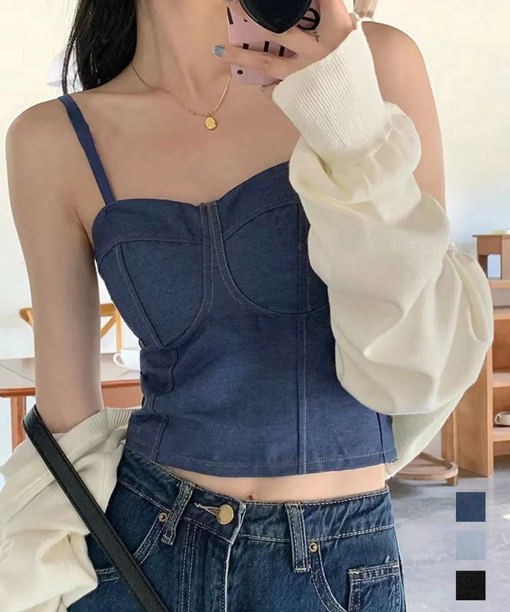 【3色展開】デニム風キャミソール ビスチェ バックレースデザイン カップ付き シャーリングフィット 春夏秋OK