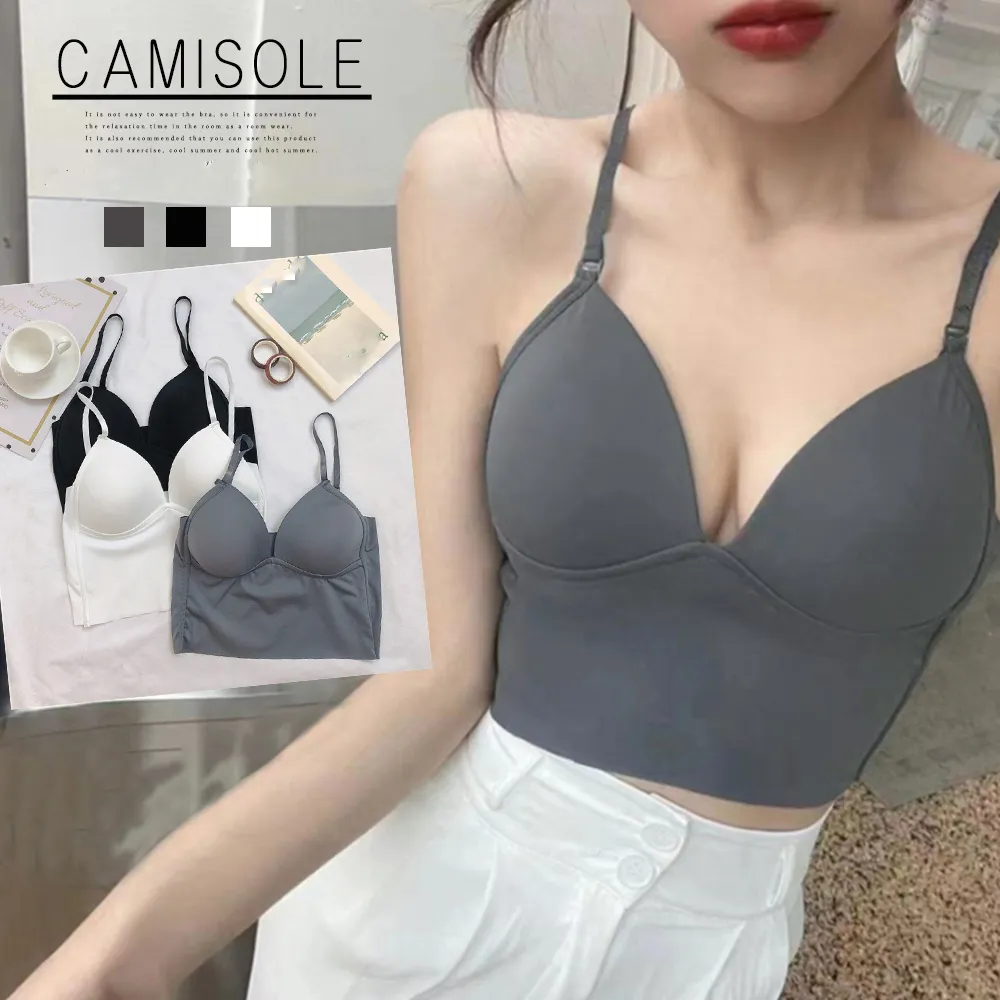 Ladies Vネックノンワイヤーカップ付きインナー｜ブラトップ不要でスタイルアップ｜韓国風セクシーなショート丈キャミソール