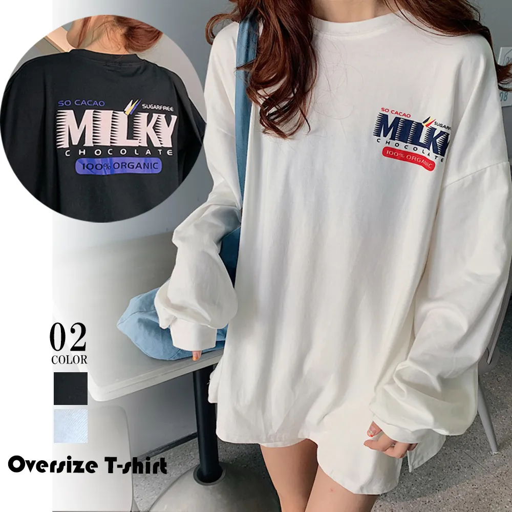 レディース長袖Tシャツ カットソー プリントデザイン 体型カバーで快適着心地