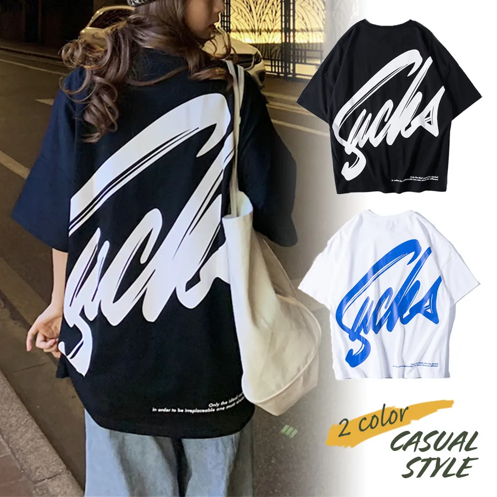 レディース春夏半袖ロゴTシャツ | オルチャン風ロング丈で体型カバー・着痩せ効果