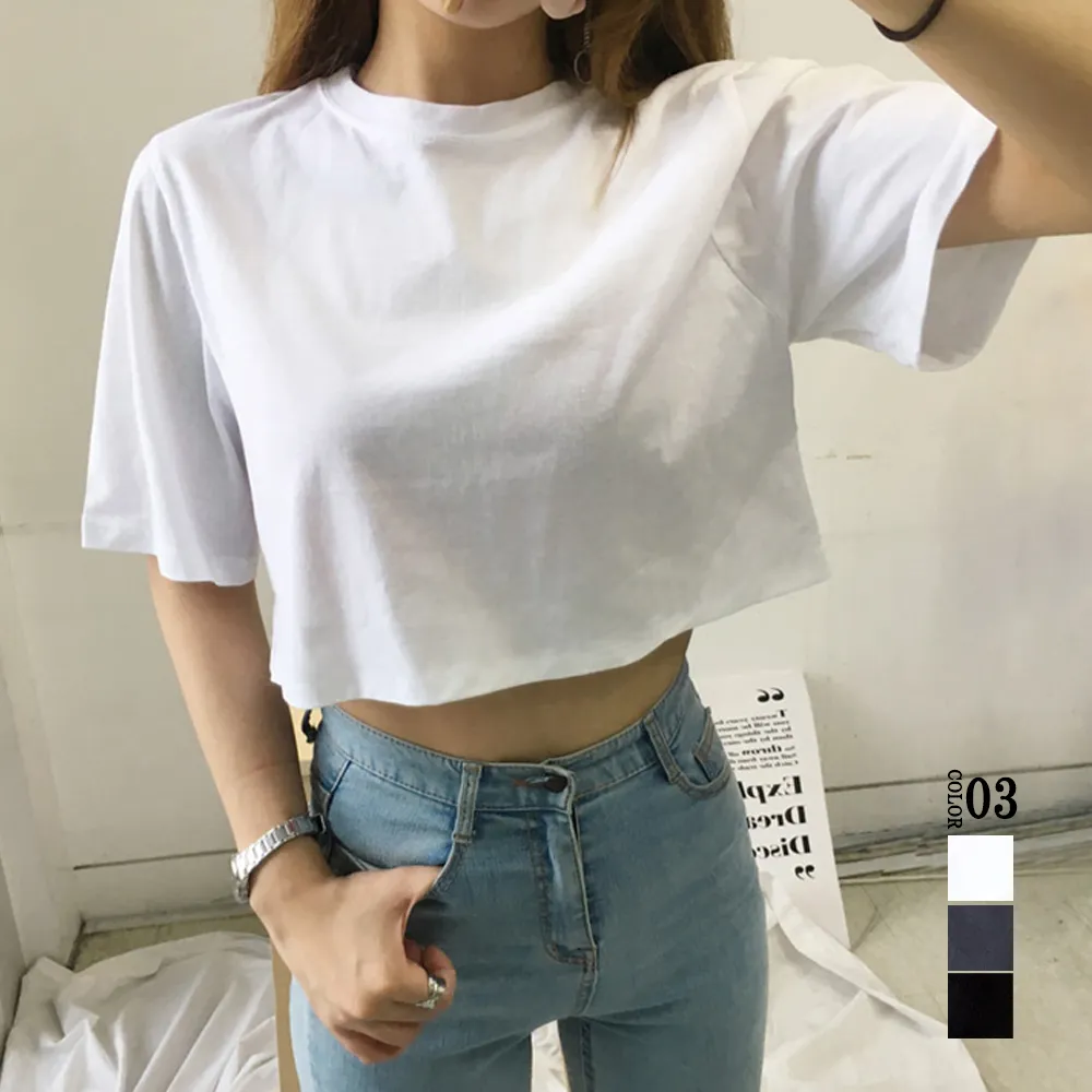 ヘソ出しトップス 韓国スタイル 着やせ効果 身幅ゆったり無地セクシー丸首Tシャツ 夏用ダンサーズウェア