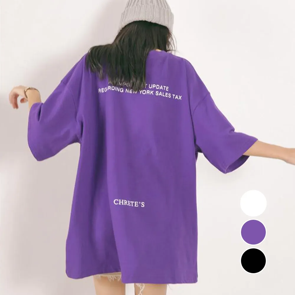 【韓国風】クールネック半袖Tシャツ レディース ロングカットソー 英字ロゴで着やせ効果 体型カバー
