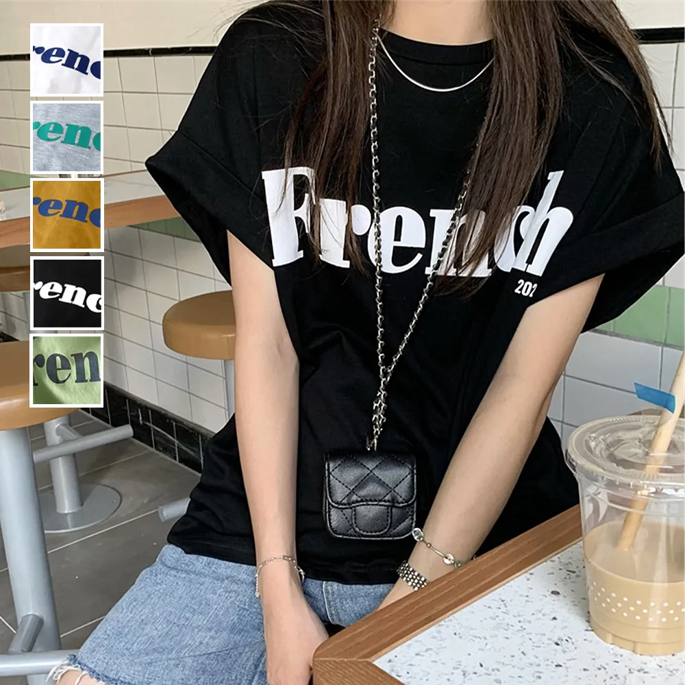 韓国ファッションオーバーサイズ英字ロゴTシャツ フレンチスリーブでストリート系レディースカジュアルウェア