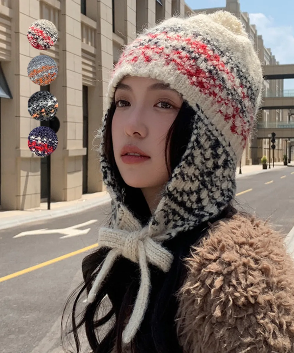秋冬おしゃれニット帽｜配色デザイン＆紐付きで小顔効果！防寒に最適なカジュアル帽子