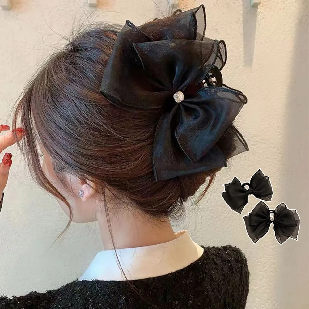 大きめブラックリボンヘアクリップ｜韓国風ラインストーン付きオシャレな髪飾り・まとめ髪簡単アレンジ｜大人女性向け演奏会・結婚式用ヘアアクセ
