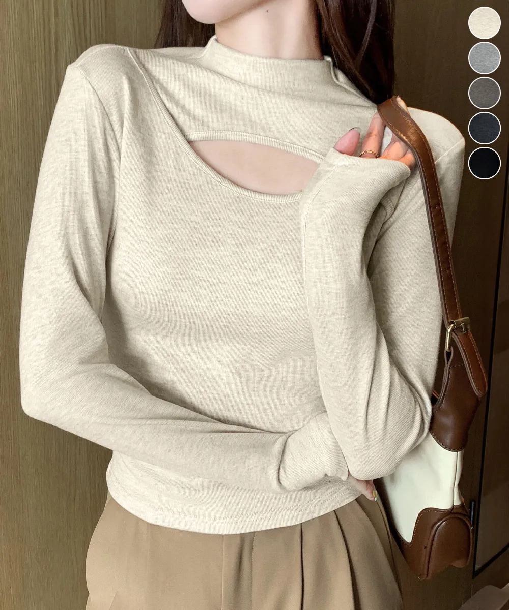 長袖穴あきハイネックTシャツ レディース｜春秋冬使えるシンプルタイトトップス・インナーやレイヤードに最適