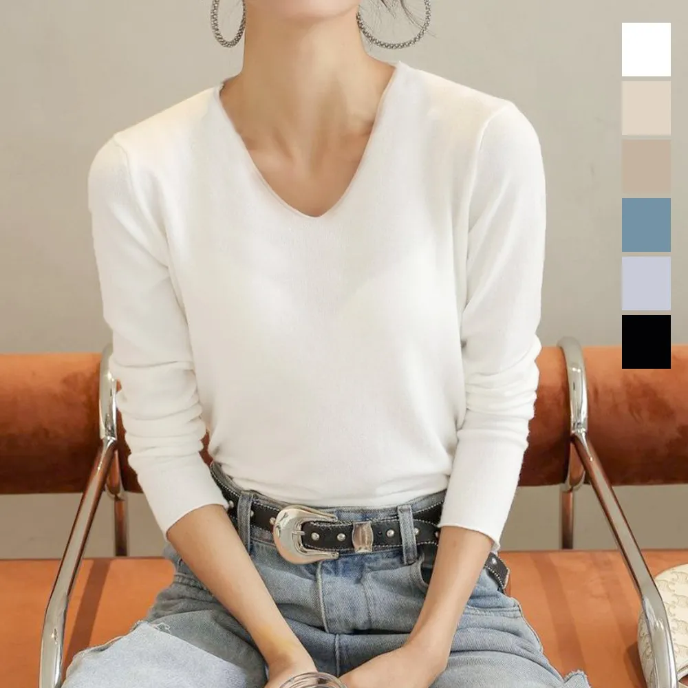 無地ニットトップス Vネック レディース｜柔らかい伸縮性 春秋通勤に最適なオフィスカジュアル