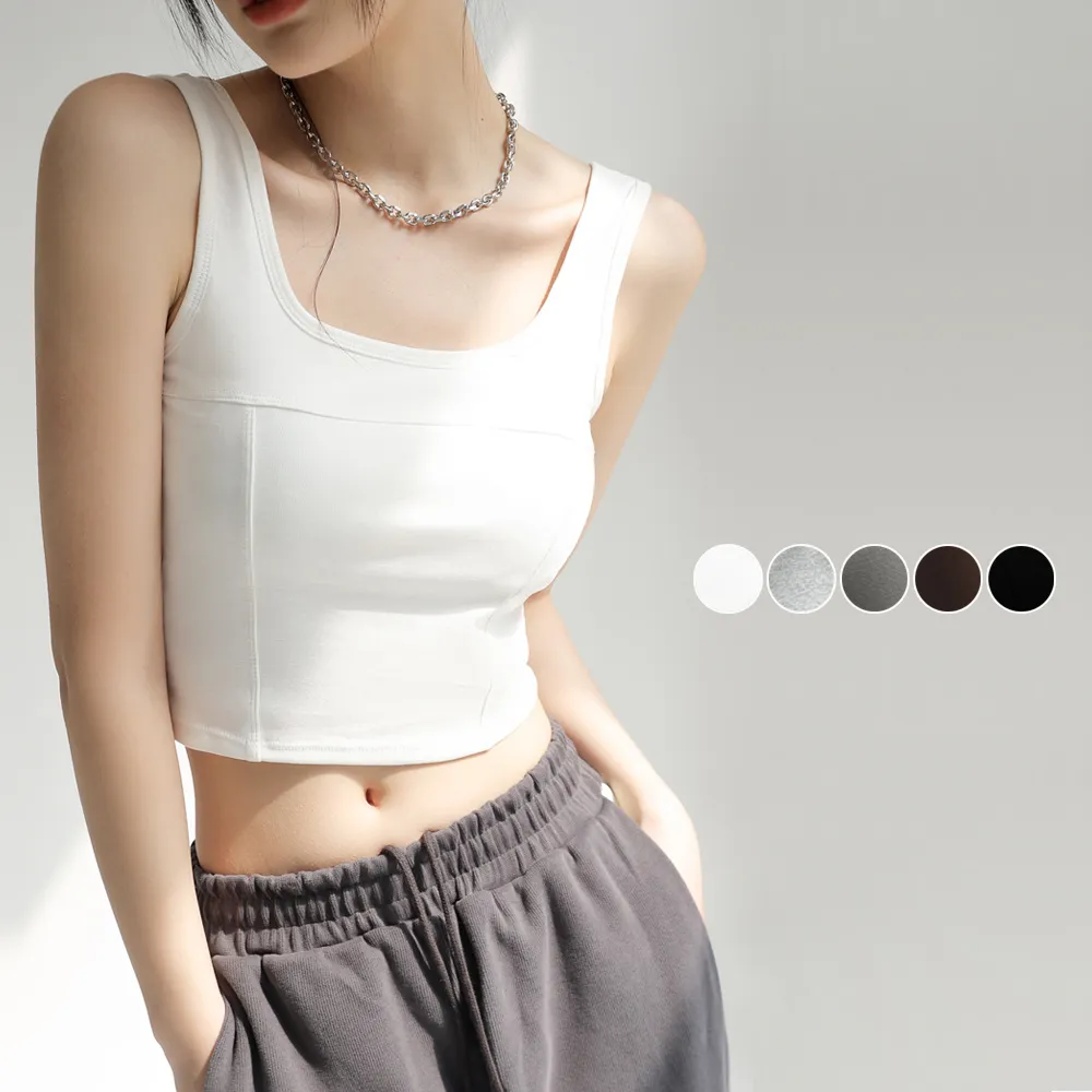 ショート丈カップ付きタンクトップ 韓国風レディースインナー Uネックへそ出し 夏服着回し【通販】
