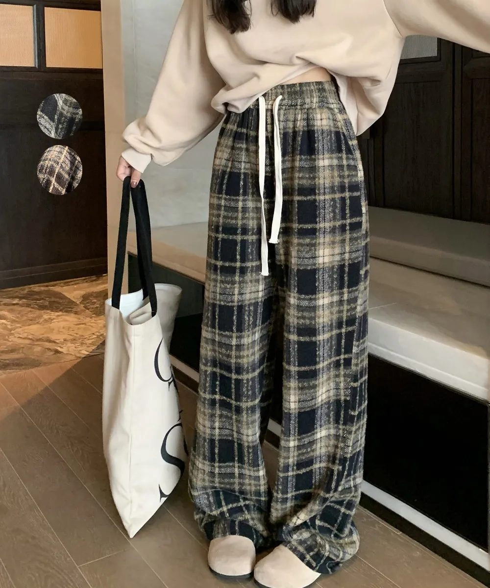 チェック柄ワイドパンツ レディース 秋冬向け起毛素材・ウエストゴム仕様｜体型カバーリラックス美脚ボトムス 韓国風ファッション